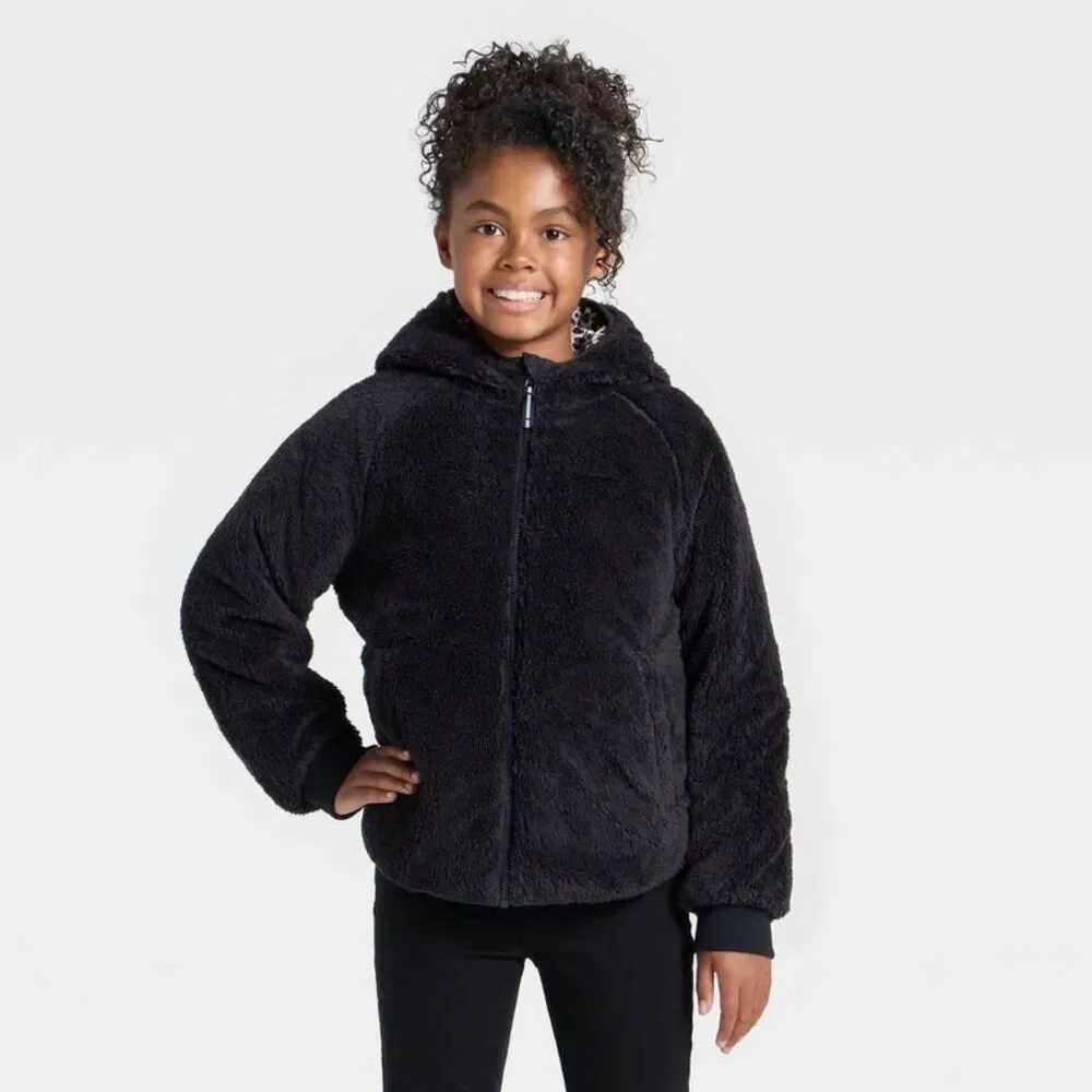 Girls' Leopard Printed Hooded Reversible Puffer - Cat & Jack Tan XS